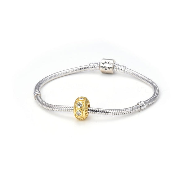 1pc Real Gold Plated 925 Sterling Silver April Birthstone Bead Charm, Diamond Clear Cubic Zirconia CZ, 11x6.8mm, Hole ID 4.5mm, EC1-B4