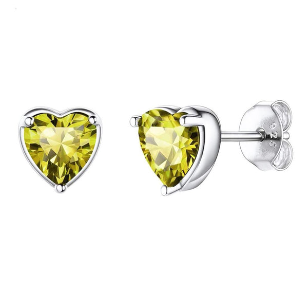 1 Pair 925 Sterling Silver August Green Love Heart Birthstone Stud Earrings, 6mm/0.84 Carat Cubic Zirconia CZ Created Peridot Stone, SSE79-8