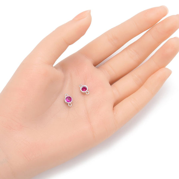 2pcs 925 Sterling Silver 6mm July Birthstone Links, Tarnish Resistant, Ruby Red Cubic Zirconia Gemstone Connector, SXP10-7