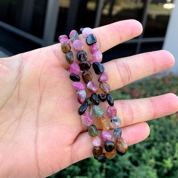 1 Strand Stretch Natural Multi-color Tourmaline Free Form Gemstone Bracelet, 5-8mm Small Beads, Length Selections: 7 inch/7.5 inch