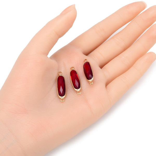 10pcs Grade A January Siam Red Rectangle Bar Birthstone Links, 18K Yellow Gold Plated Brass, 21x7mm, CCP9-G1