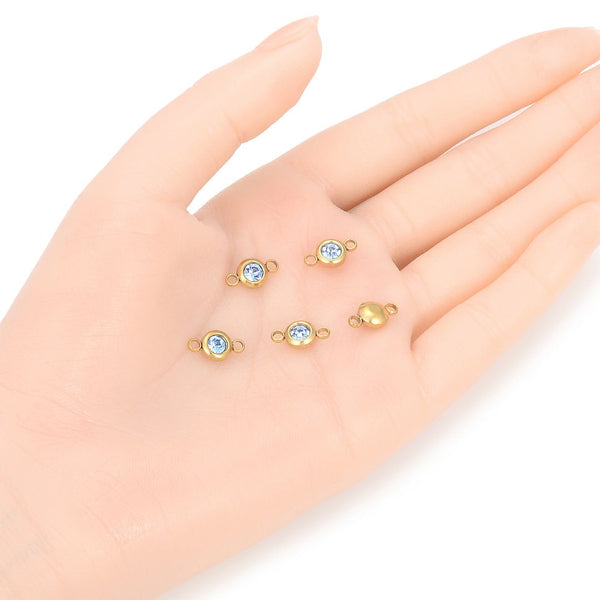 10pcs Grade A March Aquamarine Blue Birthstone Links, 18K Yellow Gold Plated Stainless Steel, Tarnish Resistant, 6mm, CCP35-3