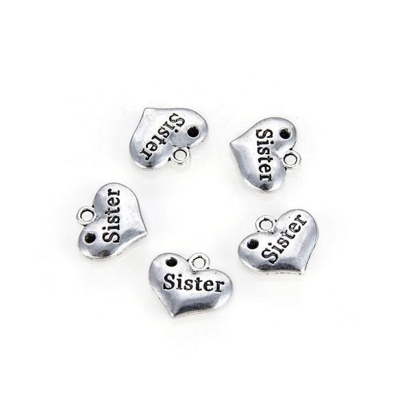 20pcs Best Sister Heart Charms, 14.2mm Double Sided Heart Drop Pendants, Antique Silver, MC-D4
