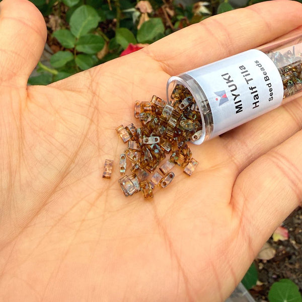 10g Miyuki Half Tila Seed Beads 5x2.3mm, Picasso Light Amber (HTL-4501)