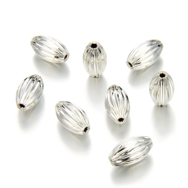50pcs Tarnish Resistant Corrugated Oval Beads, Sterling Silver Plated Brass, Size Selections: 7x4mm, 10x6mm, 12x8mm