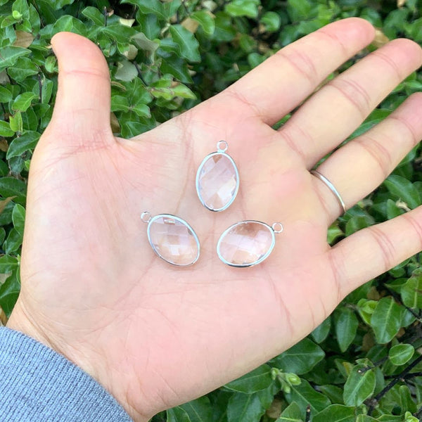 10pcs Grade A April Diamond Clear Oval Birthstone Charm Drops, Sterling Silver Plated Brass, 18x13mm, CCP6-S4