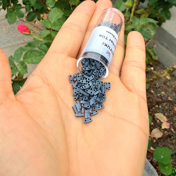 10g Miyuki Quarter Tila Seed Beads 5x1.2mm, Matte Gunmetal Blue QTL-2001