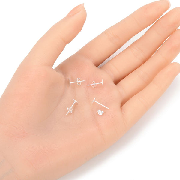 4 Pairs 925 Sterling Silver Earring Posts, Glue On Flat Board, 0.9mm/19 Gauge Pin, 8pcs Earring Backs, Flat Board Size Selections:3mm/4mm/6mm/8mm