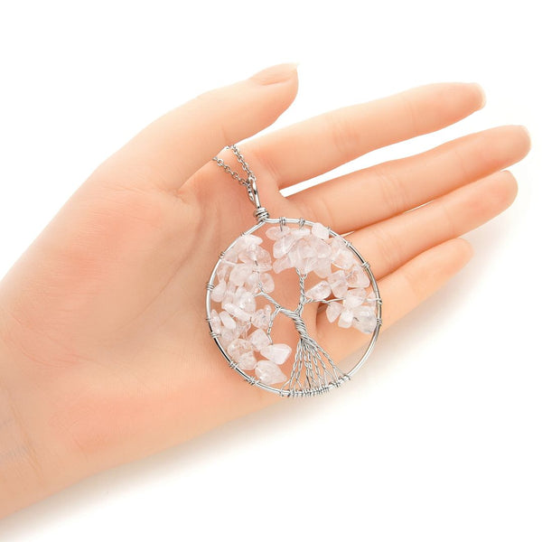1pc Tree of Life Prosperity Necklace, Natural White Quartz Clear Quartz Gemstone Pendant, 26 inch Surgical Stainless Steel Chain, GGP9-8