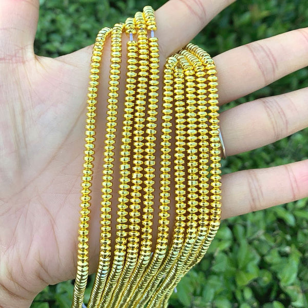 Grade A Natural Hematite Gemstone Rondelle Beads, Gold Plated, 2 Strands/380pcs Beads, 4x2mm/Small, Hole ID 1mm, GFC7-3