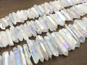 1 Strand Natural Raw Crystal Quartz Gemstone Beads, Medium Size Drilled Stone Points, Clear AB Titanium Coated Gem Stick, 15 Inch, GA-D2
