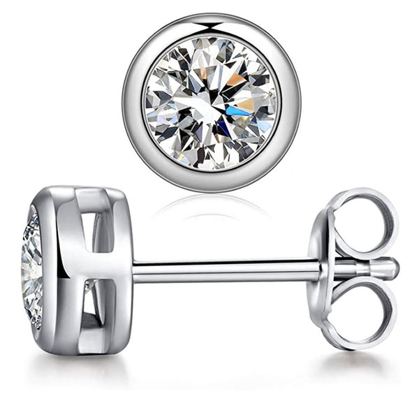 1 pair 925 Sterling Silver 4mm Bezel Stud Earrings, Round Cut Cubic Zirconia CZ Diamond, Small Tiny, SSE76-4