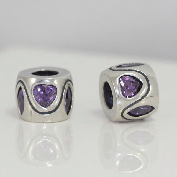 1pc Real 925 Sterling Silver Heart Bead, February Birthstone Charm Cubic Zirconia CZ Purple Amethyst Gemstone, Compatible with Pandora all Other Charm Bracelets, EC617