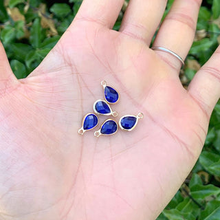10pcs Grade A September Sapphire Blue Teardrop Birthstone Charm Drop, 18K Yellow Gold Plated Brass, Size Selections: 11x7mm, 14x8mm, 16x9mm