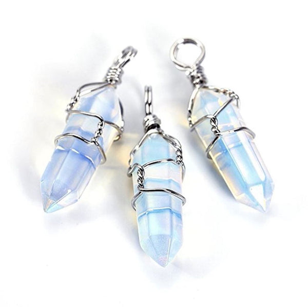 1pc Lab Created White Opal Gemstone Pendant Necklace, 18 Inch Surgical Stainless Steel Chain, GGP-E11