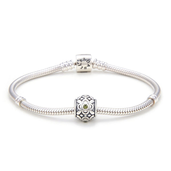 1pc 925 Sterling Silver Round Flower Pattern August Birthstone Bead Charm, Green Peridot Cubic Zirconia CZ, 11.2x9.5mm, Hole ID 4.5mm, EC1-G8