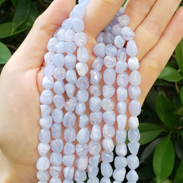 Natural Blue Lace Agate Gemstone Oval Tumbled Pebble Beads, Irregular, 8mm to 10mm, Hole ID 1mm, 15 Inch/1 Strand, GZ12-2