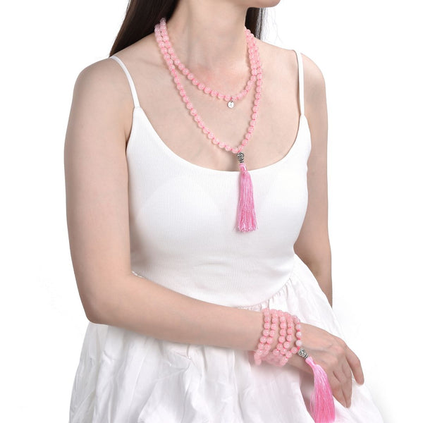Adabele Premium 108 Mala Bead Tassel Necklace, 8mm Natural Pink Rose Quartz Gemstone, Buddhist Japa Prayer Beaded Jewelry RGN12