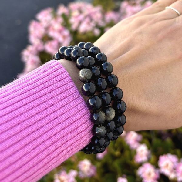 1 Strand Stretch Natural Gold Sheen Obsidian Beaded Gemstone Bracelet, 8mm Bead, Length Selections: 7 inch/7.5 inch/8 inch/8.5 inch