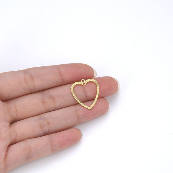 10pcs 21mm 2-Hole Valentine Heart Drop Pendants, Tarnish Resistant, 18K Yellow Gold Plated Brushed Brass, BF-C4