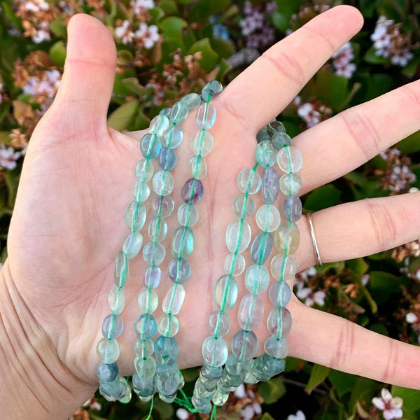 Natural Multi-color Fluorite Gemstone Oval Tumbled Pebble Beads, Irregular, 6mm to 8mm, Hole ID 1mm, 15 Inch/1 Strand, GZ11-42