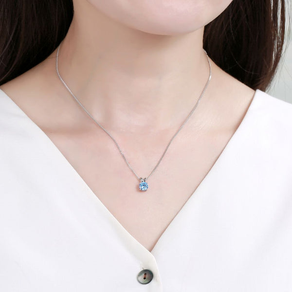 925 Sterling Silver March Birthstone Solitaire Necklace, 6mm/0.84 Carat Blue Aquamarine Cubic Zirconia CZ, Length Selections: 16 inch/18 inch