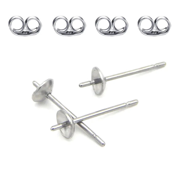 100pcs 304 Surgical Stainless Steel Stud Findings Glue-In Cup Earring Posts with Earnut Backs – (4mm/6mm/8mm)