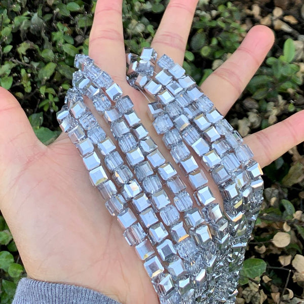 100pcs Creative Club Faceted Cube Crystal Glass Beads, Silver Shade, 8mm, Hole ID 1mm, CCC832