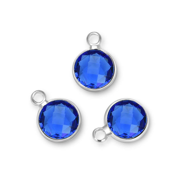 10pcs Grade A September Sapphire Blue Birthstone Charm Drop, Sterling Silver Plated Brass, Size Selections: 6mm/8mm/10mm