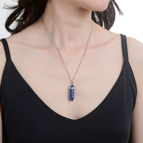 1pc Natural Blue Lapis Lazuli Gemstone Pendant Necklace, 18 Inch Surgical Stainless Steel Chain, GGP-C2