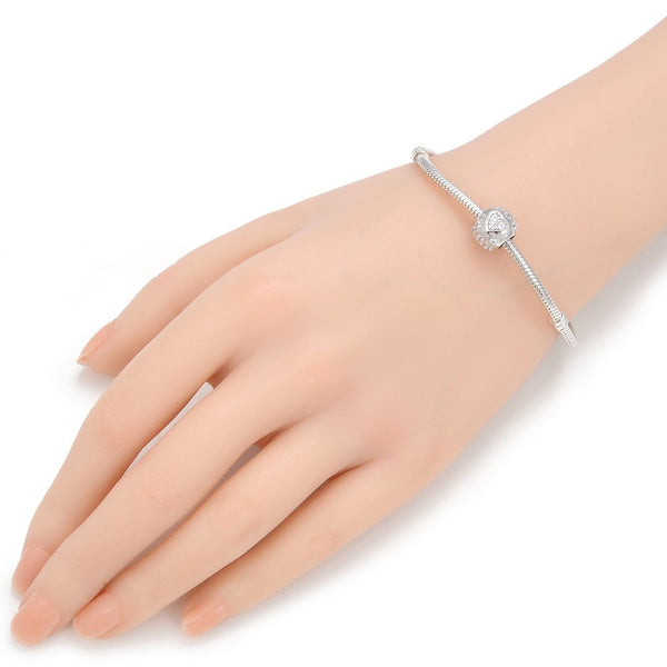 1pc 925 Sterling Silver Round Heart Pattern April Birthstone Bead Charm, Diamond Clear Cubic Zirconia CZ, 11x9mm, Hole ID 4.5mm, EC1-H4