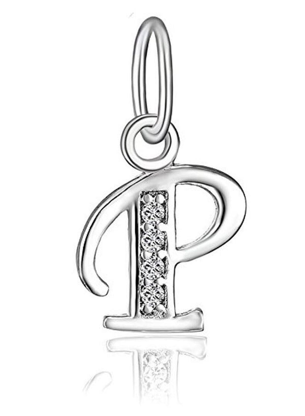1pc 925 Sterling Silver Letter P Charm, Tarnish Resistant Rhodium Plated, Cubic Zirconia CZ Name Initial Pendant Drop,SSP-C16