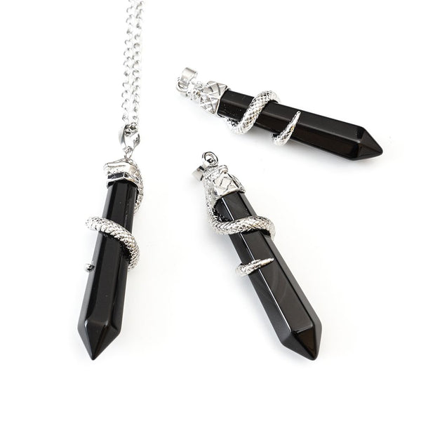 1pc Natural Black Obsidian Hexagonal Pile Gemstone Pendant Necklace, 18 Inch Surgical Stainless Steel Chain, GGP-D11