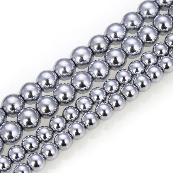 Natural Hematite Gemstone Round Beads, White Gold Plated, 15 Inch/1 Strand, Size Selections: 6mm/8mm/10mm