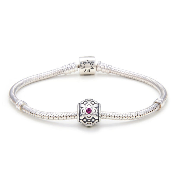 1pc 925 Sterling Silver Round Flower Pattern July Birthstone Bead Charm, Red Ruby Cubic Zirconia CZ, 11.2x9.5mm, Hole ID 4.5mm, EC1-G7