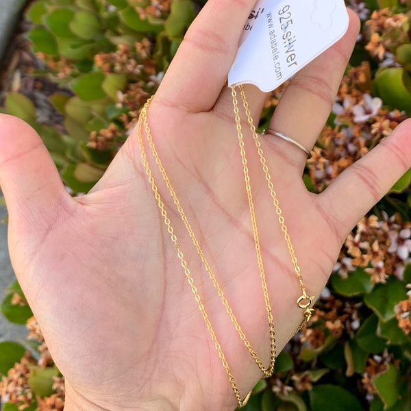 1pc 925 Sterling Silver Diamond Cut Flat Cable Link Chain Necklace, Real 18K Yellow Gold Plated, 1.5mm, Length Selections: 18/20/22/24/26 inch