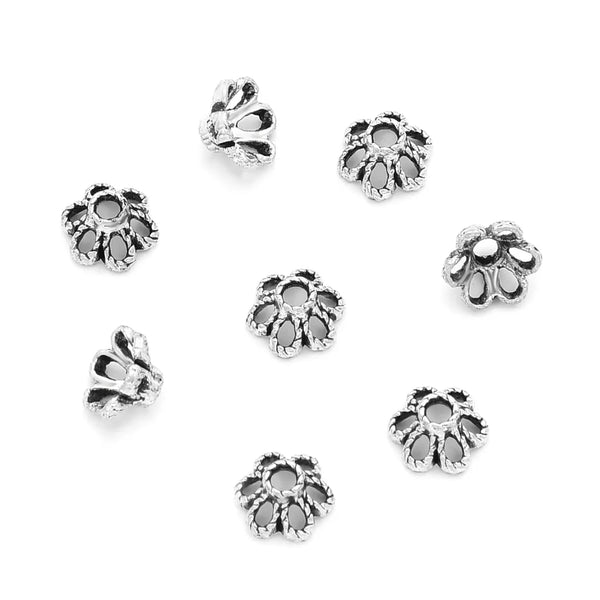 200pcs Textured Filigree Flower Bead Caps, 6mm Small Bead End Caps, Antique Silver, MC-AB18