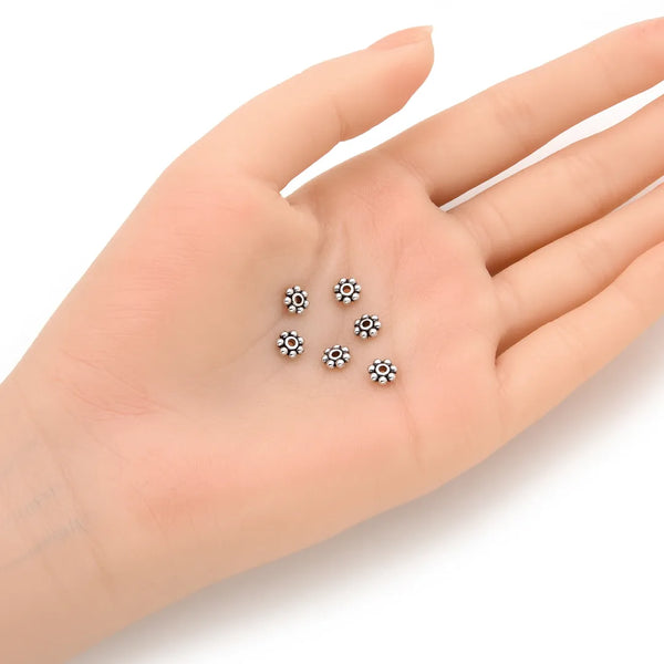 200pcs Small Flat Rondelle Flower Beads, Antique Silver, 6mm, Hole 1.5mm, MC-S1