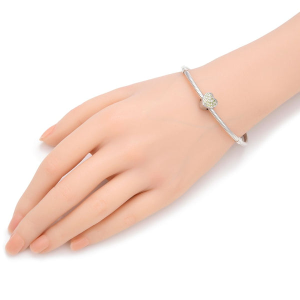 1pc 925 Sterling Silver Love Heart August Birthstone Bead Charm, Green Peridot Cubic Zirconia CZ, 10mm, Hole ID 4.5mm, EC1-L8
