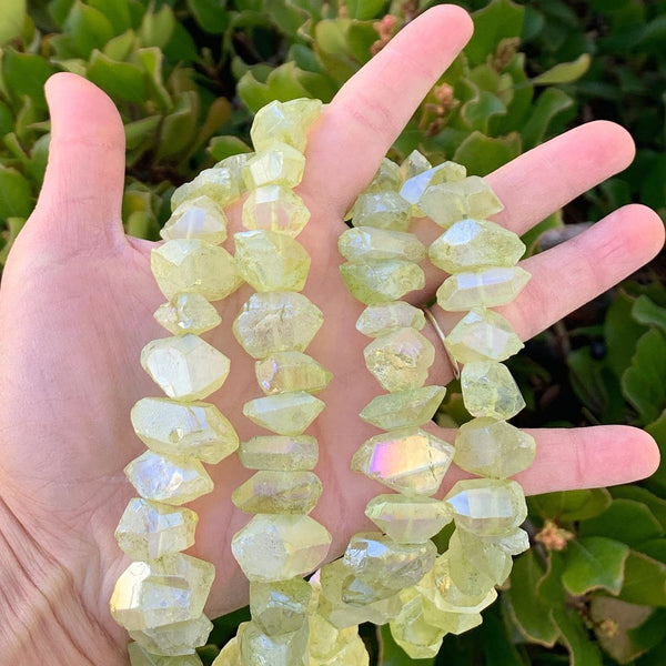 Natural Raw Crystal Quartz Nugget Drilled Gemstone Beads, Peridot Green AB Titanium Coated Stone Nuggets, 15 Inch, GA-B10