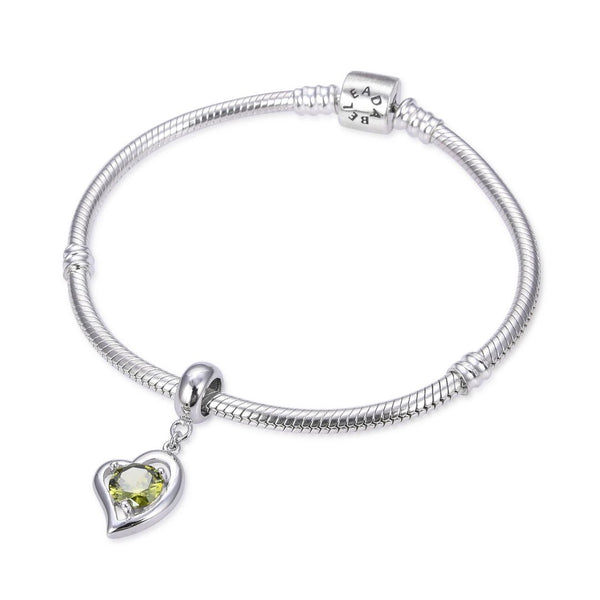 1pc 925 Sterling Silver Love Heart August Birthstone Charm Drop, Green Peridot Cubic Zirconia CZ, 26mm (1 inch) Long, Hole ID 4.5mm, EC1-E8