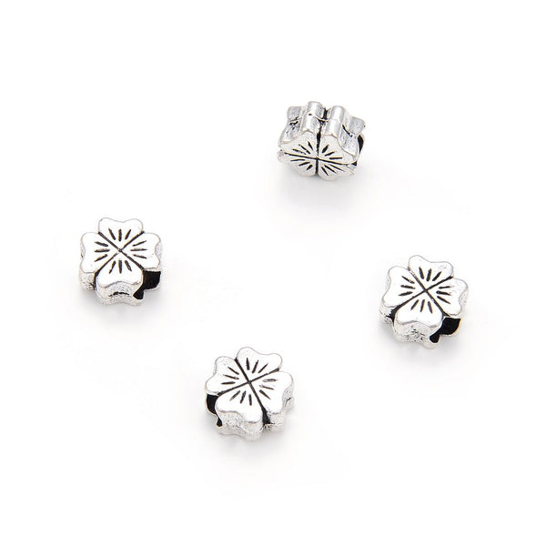 20pcs Four-Leaf Clover Flower Symbol of Good Luck Large Hole Beads, Hole ID 4.5mm, Antique Silver, Zinc Alloy Metal, MEC-E1