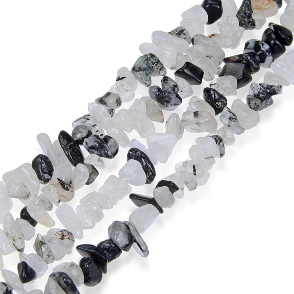 Natural Black Quartz Rutilated Gemstone Chip Beads, Free Form, 5mm-8mm, Hole ID 1mm, 1 Strand/31 Inch, GZ1-9