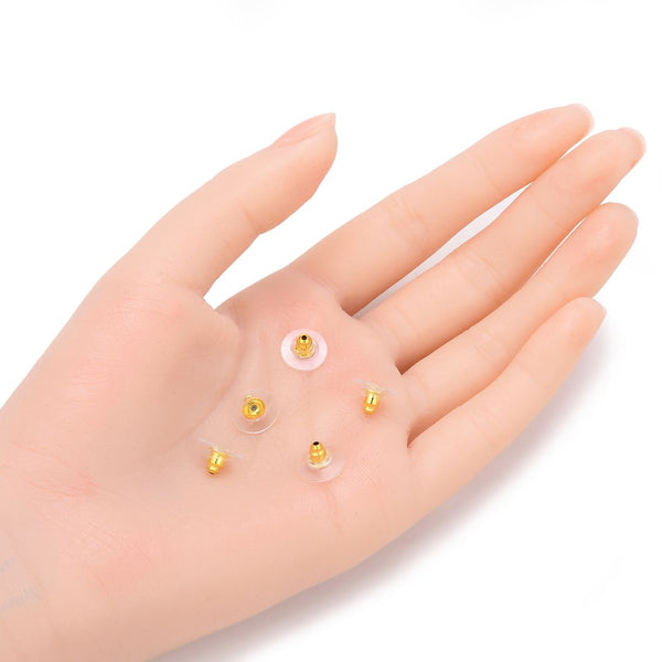 100pcs Earring Backs, Clear Plastic Pad Earnut Replacement, 18K Yellow Gold Plated Brass, 10mm, CF230-2