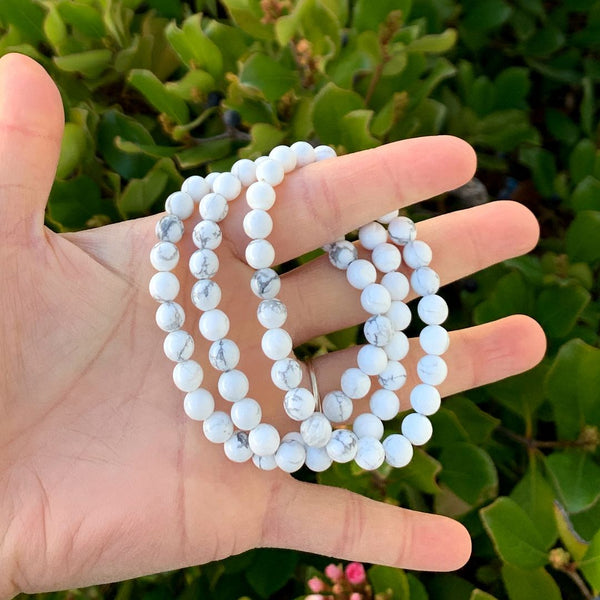 1 Strand Stretch Natural White Howlite Beaded Gemstone Bracelet, 6mm Beads, Length Selections: 7 inch/7.5 inch/8 inch