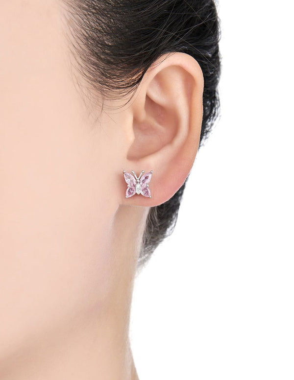 1 Pair 925 Sterling Silver October Birthstone Butterfly Stud Earrings, 10mm, Cubic Zirconia CZ Pink Tourmaline Stone, SSE83-10
