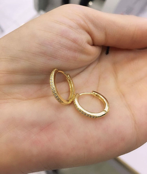 1 Pair Real 18K Yellow Gold Plated Sterling Silver Round Huggie Hoop Earrings, Pave Cubic Zirconia CZ, 13.5mm, SSE42-1