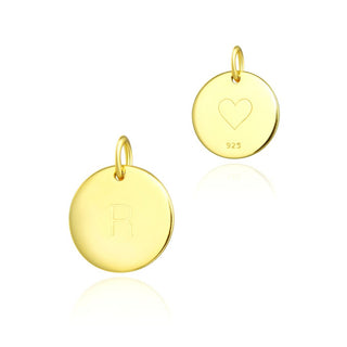 1pc 925 Sterling Silver 12mm Letter R Charm, Real 18K Yellow Gold Plated, Heart Engraved, Name Initial Disc Coin Pendant Drop, SLP-G18