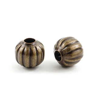 100pcs Corrugated Pumpkin Round Beads, Antique Bronze Plated, Tarnish Resistant, Size Selections: 6mm/8mm