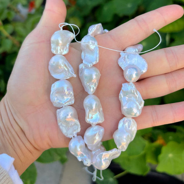 15 Inch Grade A Natural Baroque Pearl Beads, Irregular White Cultured Freshwater Flameball Teardrop Pearls, Large 15mm-26mm Flameball Pearls, Hole ID 1mm, PA1-28